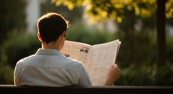 Hombre de espaldas a la cámara leyendo un periódico en un banco de parque, con árboles y vegetación borrosa de fondo y luz solar.