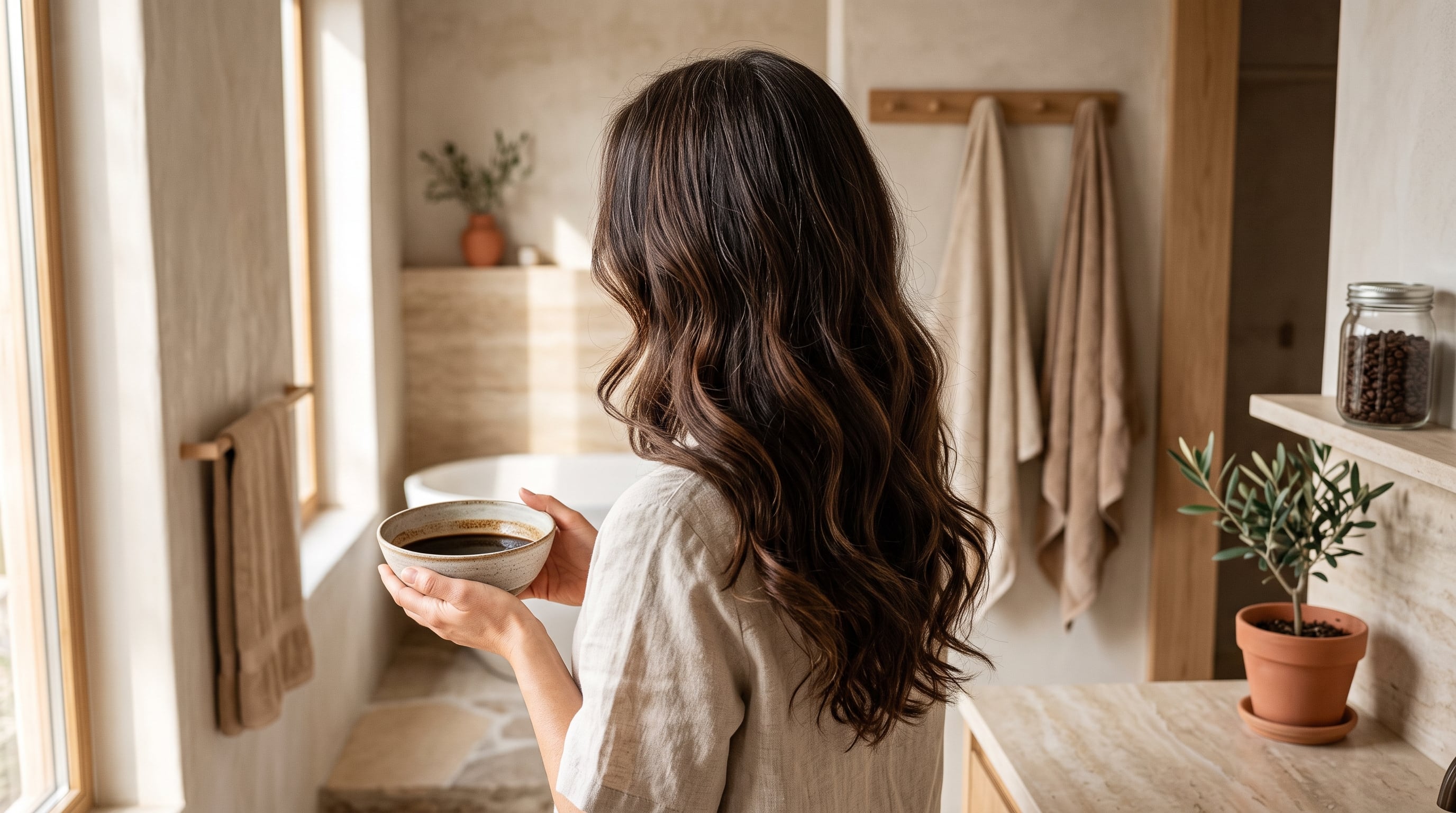 Una mujer sostiene un cuenco con un tratamiento de café para el cuidado capilar en un baño luminoso. (Imagen Ilustrativa Infobae)