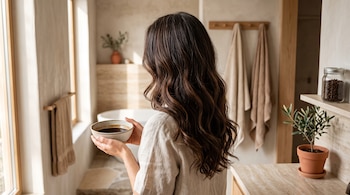 Vista posterior de una mujer de cabello castaño ondulado que sostiene un cuenco de cerámica con un líquido oscuro dentro de un baño.
