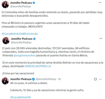 Jennifer Pedraza cuestionó al ministro por su viaje y pidió al Gobierno evaluar su permanencia en el cargo. - crédito @JenniferPedraz/X