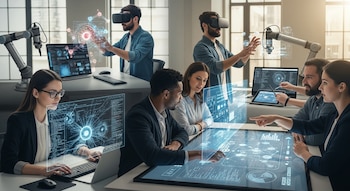 Varias personas trabajan en una oficina moderna interactuando con pantallas holográficas, gafas de realidad virtual y una mesa táctil con gráficos de datos.