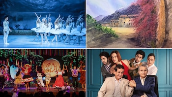 Collage con cuatro escenas que muestran una danza de ballet, una pintura acuarelada, bailarines con trajes típicos y un grupo de actores