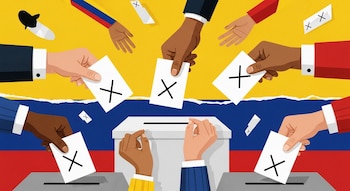 Ilustración de manos de distintos tonos de piel introduciendo papeletas con una 'X' en urnas de votación, sobre fondo con los colores de la bandera de Colombia.