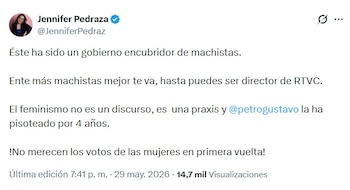 Pedraza publicó sus reparos en contra del Gobierno Petro y el candidato Iván Cepeda la noche del viernes 29 de mayo de 2026, a dos días de la celebración de los comicios - crédito @JenniferPedraz/X