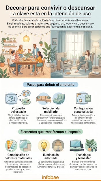 Infografía ilustrada que compara dos habitaciones: una sala de estar con personas socializando y un salón con una mujer leyendo y un gato, junto a pasos de diseño.