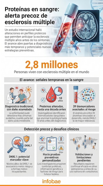 Infografía con un tubo de ensayo de sangre, un cerebro con conexiones neuronales, una doble hélice de ADN y gráficos explicativos sobre la esclerosis múltiple.