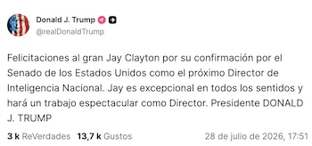 El presidente difunde un mensaje en Truth Social después de la votación dividida y el nombramiento coincide con el intento de reactivar la Sección 702 de la FISA, suspendida desde junio