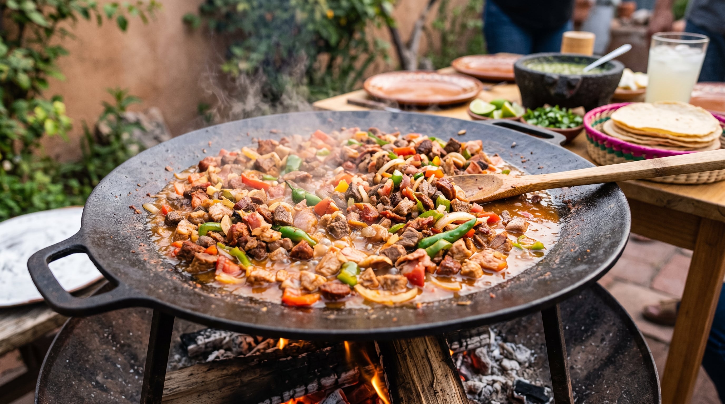 Una discada con diversos cortes de carne, pimientos y cebolla se cocina sobre un disco metálico al fuego de leña durante una comida al aire libre. (Imagen Ilustrativa Infobae)
