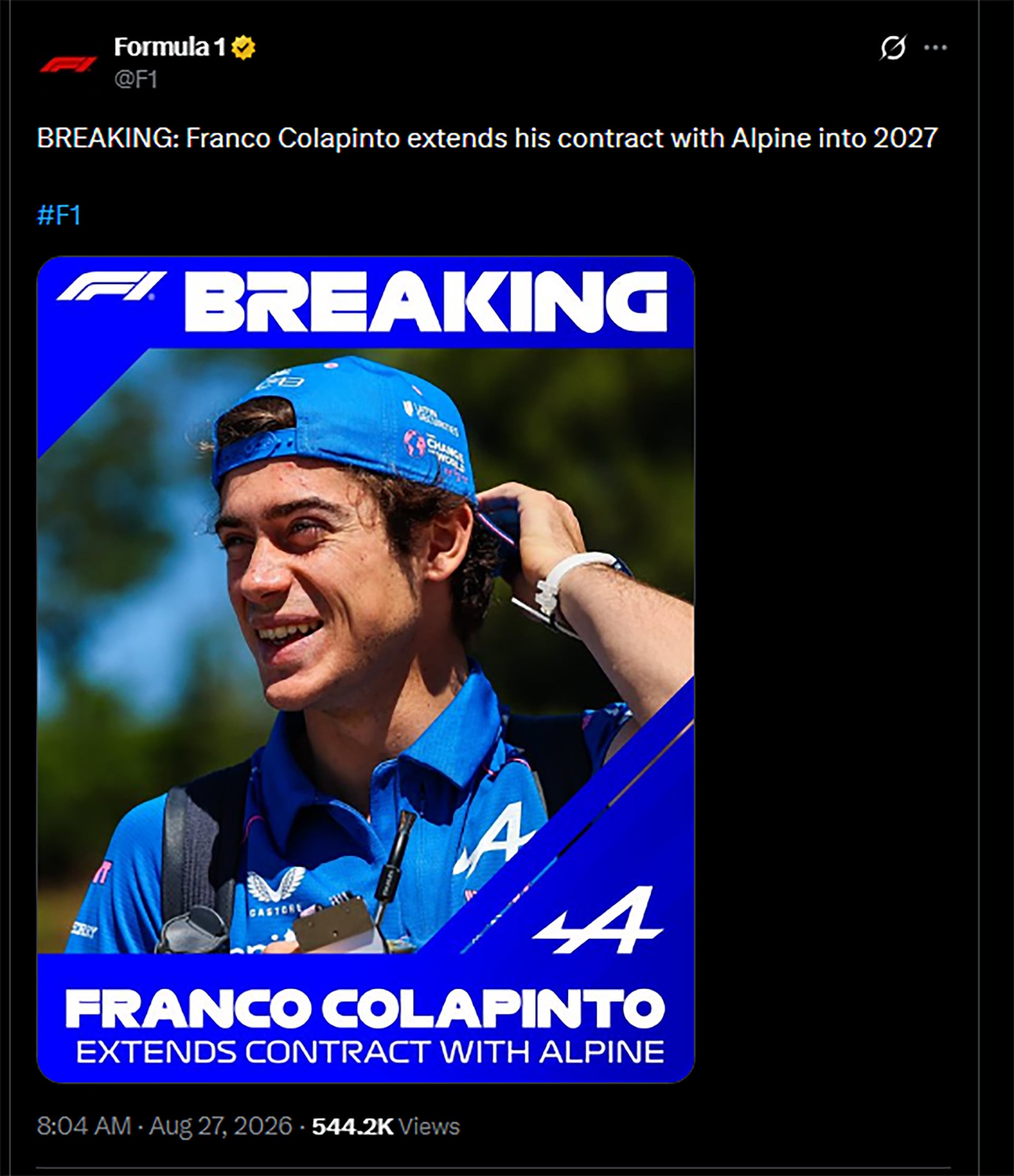 Una publicación en la red social X de Fórmula 1 anuncia la extensión del contrato del piloto Franco Colapinto con el equipo Alpine hasta el año 2027.