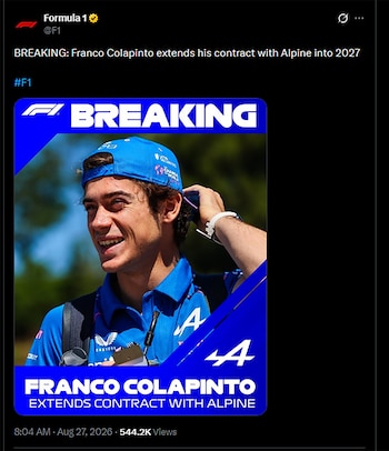 Captura de pantalla de una publicación en la red social X con una gráfica de Franco Colapinto sonriendo con vestimenta azul de Alpine