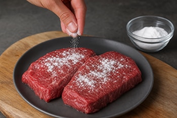 Una mano espolvorea polvo blanco sobre dos filetes de carne cruda colocados en un plato oscuro junto a un recipiente transparente.