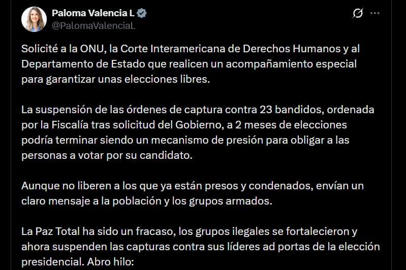 Paloma Valencia aseguró que la decisión de la Fiscalía, solicitada por el Gobierno, podría terminar en supuesto mecanismo de presión “para obligar a las personas a votar por su candidato” - crédito @PalomaValenciaL/X