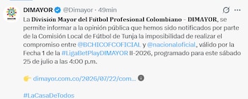 Así fue como la División Mayor del Fútbol Colombiano (Dimayor) expuso que el partido entre Atlético Nacional y Boyacá Chicó debía aplazarse - crédito @dimayor