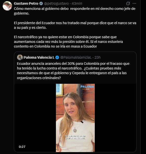 El gobernante de los colombianos afirmó que no tiene una buena relación con el presidente Daniel Noboa - crédito @petrogustavo/X