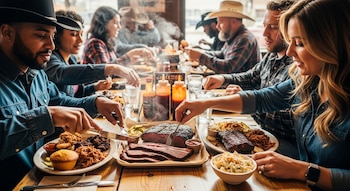 Un grupo de personas, algunas con sombreros de vaquero, comparte grandes platos de carne asada y guarniciones en una mesa de madera. Hay botellas de salsa.