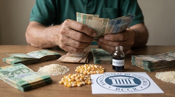 Primer plano de manos contando billetes costarricenses sobre una mesa. Hay montones de arroz, maíz, una botella con la etiqueta 'PETRÓLEO' y el logo del Banco Central de Costa Rica.