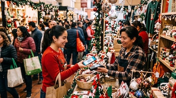Una mujer acerca su teléfono inteligente a una terminal de pago en un puesto rodeado de decoraciones navideñas y personas.