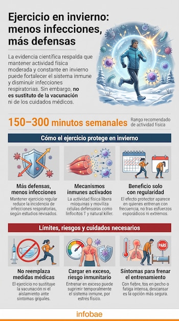 Infografía sobre ejercicio en invierno. Muestra corredor, virus, células inmunes, escudo, músculos, calendario, jeringa, mascarilla, persona enferma.
