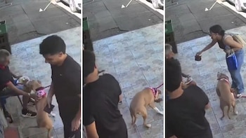 Perro le roba un pedazo de carne a un adulto mayor y su dueña trata de regresársela mordida y babeada
