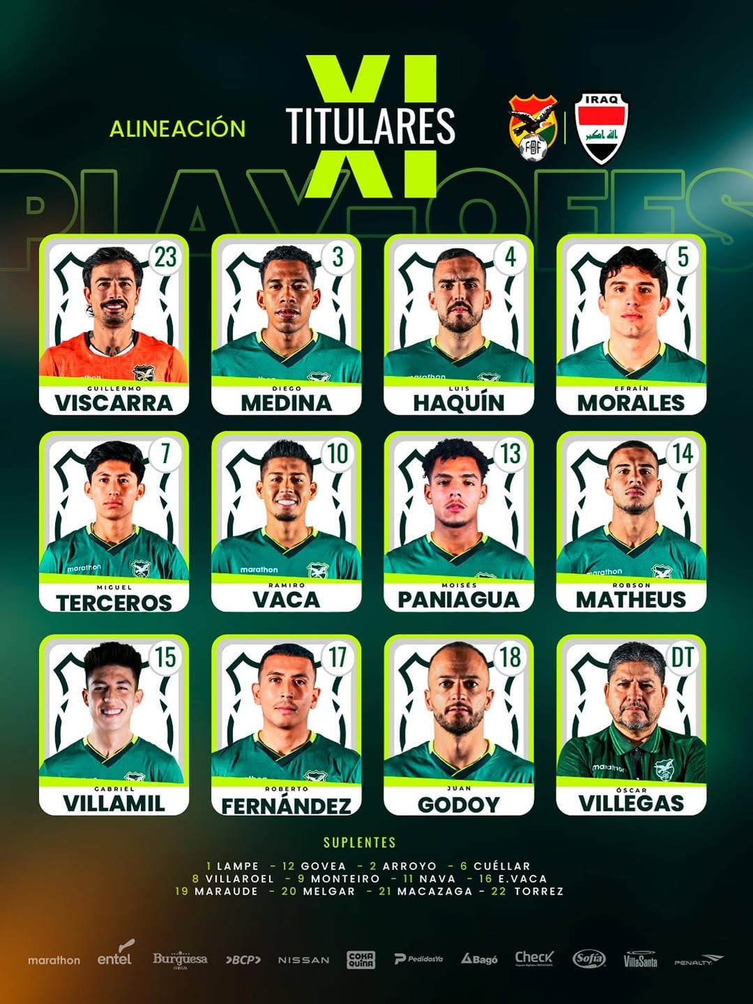 La alineación inicial de Bolivia para enfrentar a Irak