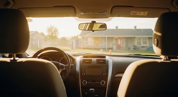 Interior de un automóvil con volante, salpicadero, asientos y espejo retrovisor. Un sol intenso ilumina el parabrisas y el habitáculo. Una guardería se ve desenfocada al fondo.