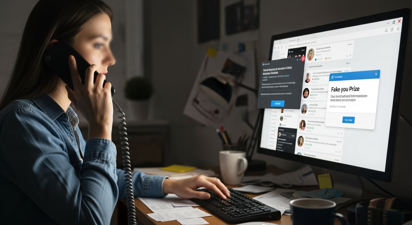 Una persona con identidad protegida habla por teléfono mientras comete una estafa en línea utilizando redes sociales y ventanas emergentes de premios falsos en su computadora. (Imagen Ilustrativa Infobae)