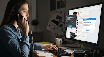 Vista lateral de una persona hablando por teléfono fijo mientras usa un teclado de computadora. La pantalla muestra redes sociales y ventanas emergentes con el texto 'Fake you Prize'.