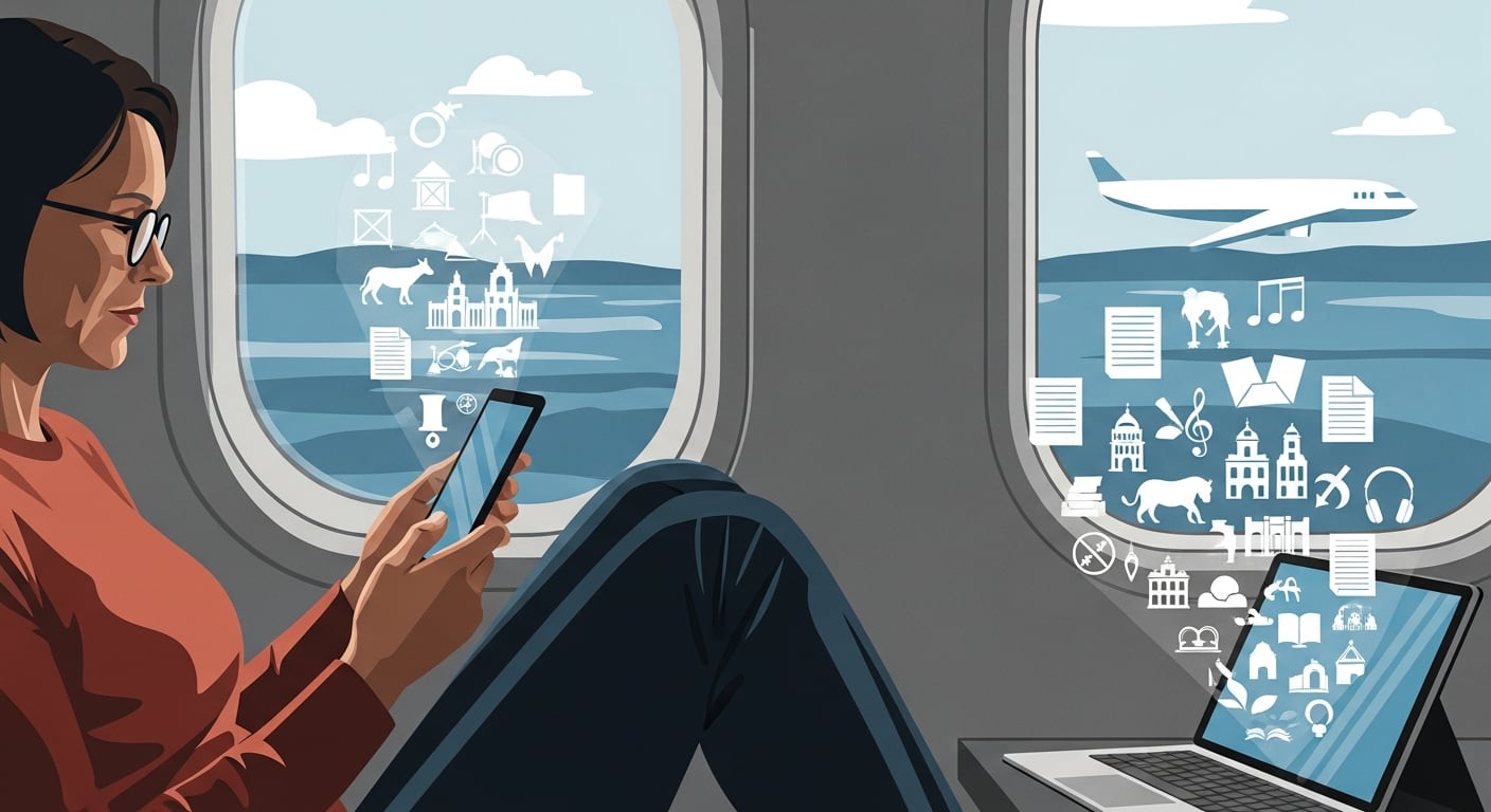Una pasajera utiliza su teléfono móvil y un ordenador portátil durante un vuelo, mostrando la creciente tendencia del acceso a contenidos digitales y trabajo remoto desde los aviones. La ilustración destaca los múltiples usos de la tecnología en la aviación moderna, con iconos representando música, documentos, cultura y conectividad global en plena altitud. (Imagen Ilustrativa Infobae)