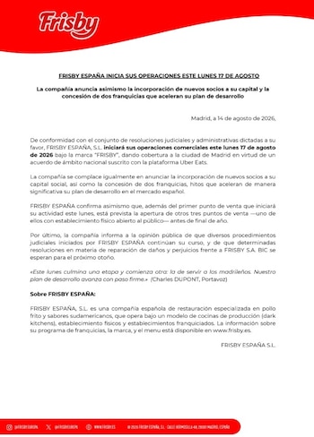Frisby España anunció oficialmente el inicio de sus operaciones en Madrid y aseguró que su plan de expansión contempla nuevas aperturas en otras ciudades españolas - crédito Frisby España