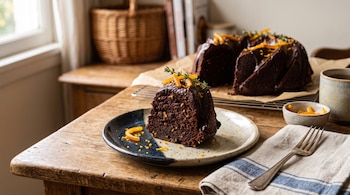Una porción de budín de chocolate con glaseado y tiras de naranja en un plato de cerámica junto a un tenedor sobre una mesa.