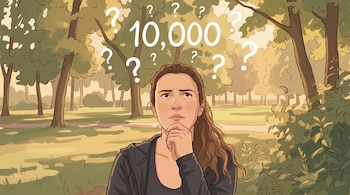 Mujer joven en un parque con árboles y césped. Tiene la mano en la barbilla y la vista en alto. Flotan sobre ella el número 10.000 y signos de interrogación.