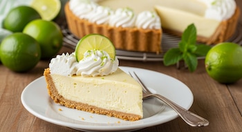 Una porción de tarta de lima Key sobre un plato blanco, con crema batida, ralladura de lima y una rodaja de lima. Hay limas enteras y una tarta entera detrás.