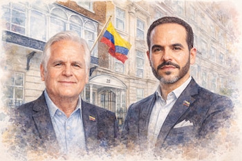 Ilustración estilo acuarela de dos hombres con traje, pins de la bandera de Colombia en las solapas, frente a un edificio con bandera colombiana