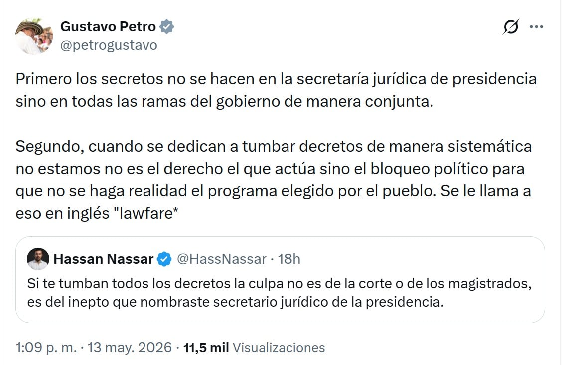 Petro rechazó los señalamientos de Hassan Nassar y afirmó que los decretos se construyen entre varias ramas del Ejecutivo - crédito @petrogustavo/X