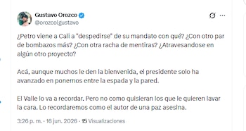 El ex secretario de Movilidad Cali Gustavo Orozco criticó la visita del presidente Gustavo Petro a la ciudad, programada para el 19 de junio - crédito @orozcolgustavo/X