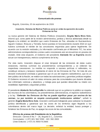 Inravisión negó que la suspensión de las Emisoras de Paz responda a motivos políticos o editoriales y descartó un cierre definitivo - crédito prensa Abelardo de la Espriella