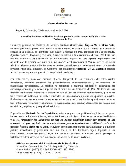 Inravisión negó que la suspensión de las Emisoras de Paz responda a motivos políticos o editoriales y descartó un cierre definitivo - crédito prensa Abelardo de la Espriella