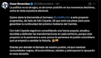 Apoyo desde el Congreso: el representante Oscar Benavides respalda la llegada de Murillo y lo ve clave para consolidar el proyecto progresista de Cepeda - crédito Oscá Benavides/X