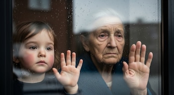 Niño pequeño y mujer mayor miran a través de una ventana con gotas de lluvia. Ambos tienen las manos extendidas sobre el cristal.