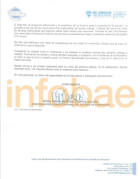 La gobernadora María Eugenia Campos solicita a la presidenta Claudia Sheinbaum coordinar su recibimiento durante la visita oficial al estado de Chihuahua. (Gobierno de Chihuahua )