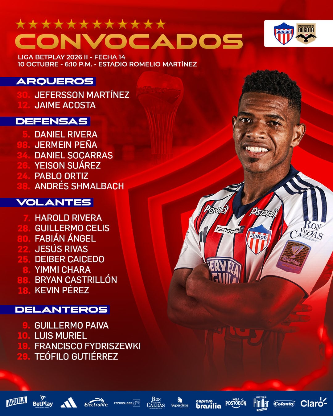 Lista de convocados del Junior para el encuentro de la fecha 14 de la Liga BetPlay contra el Internacional de Bogotá - crédito Junior FC