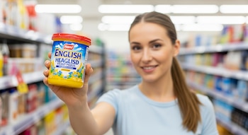 Mujer sonriente con cabello castaño en un supermercado sostiene un envase amarillo con tapa roja y etiqueta azul con texto en inglés.