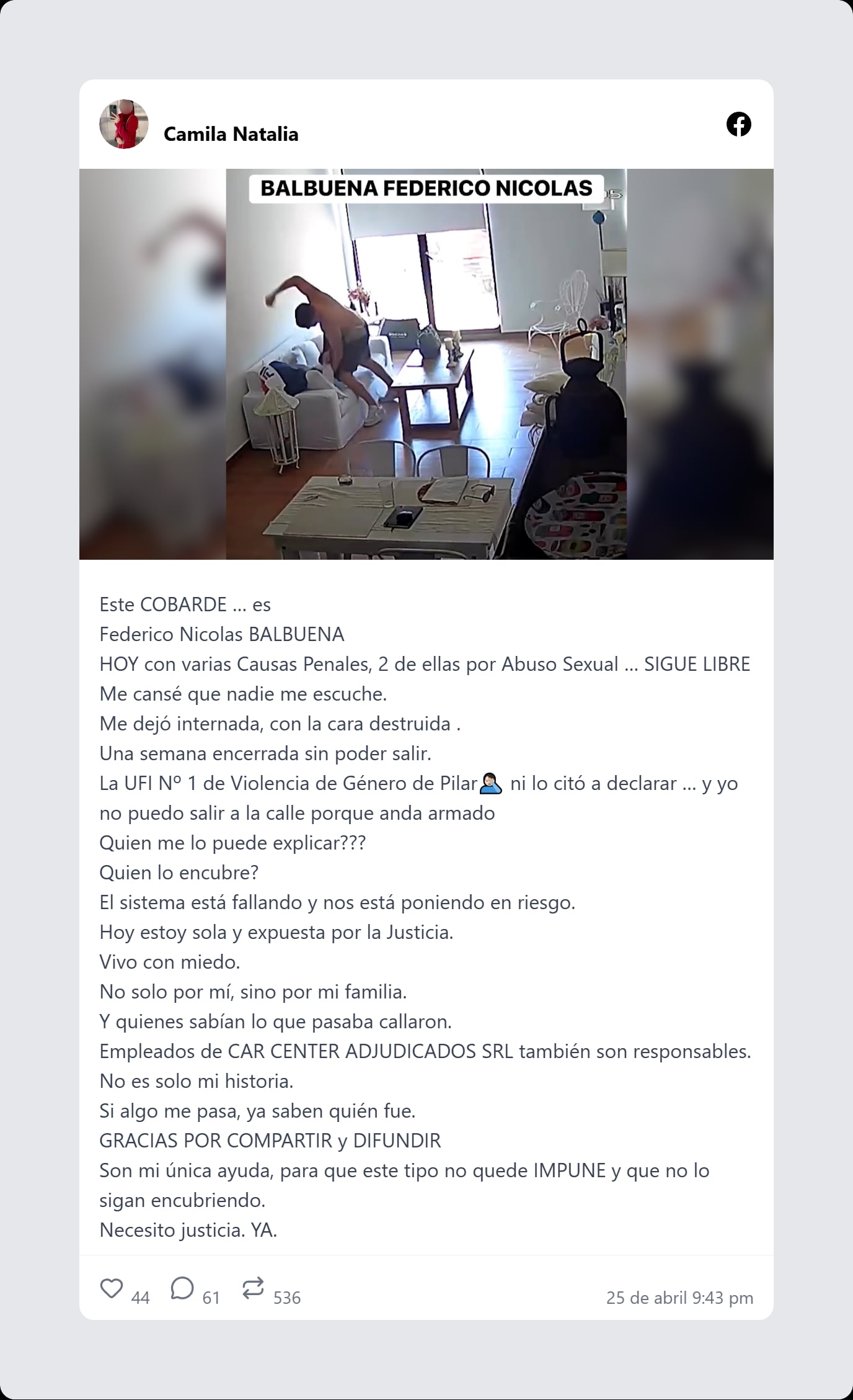 La denuncia pública que Camila hizo en la red social Facebook.