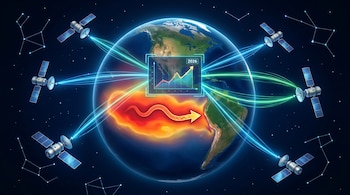 Ilustración de la Tierra rodeada por seis satélites, con una gran área de calor rojiza en el Océano Pacífico y un gráfico ascendente que marca el año 2026.