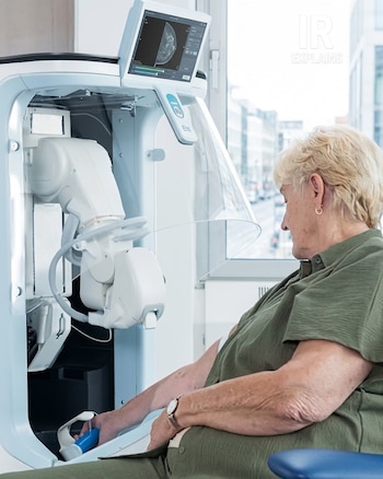 Una mujer con camisa verde permanece sentada junto a una máquina médica de exploración que cuenta con una pantalla digital de control