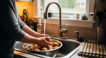 Primer plano de unas manos lavando una papa bajo el grifo de agua, dentro de un bol lleno de papas en un fregadero de cocina.