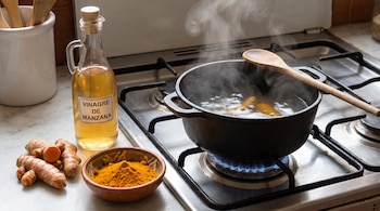Botella de vinagre de manzana, raíces de cúrcuma, bol con cúrcuma en polvo, olla negra con líquido hirviendo sobre un fogón, cuchara de madera.