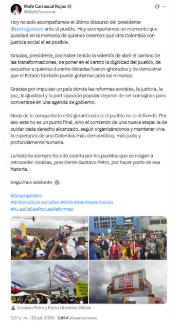La representante María Fernanda Carrascal agradeció públicamente al presidente Gustavo Petro por su Gobierno - crédito @MafeCarrascal/X