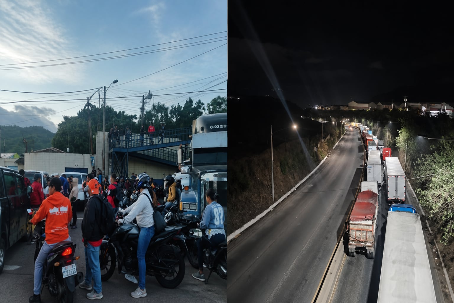 Una concentración de personas en motocicleta y camiones de carga genera congestión en una vía durante el día y la noche. (Imagen Ilustrativa Infobae)