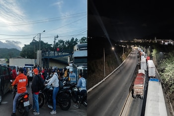 Dos fotografías juntas: a la izquierda, personas en motocicletas y camiones de día; a la derecha, una fila de camiones en una carretera de noche.
